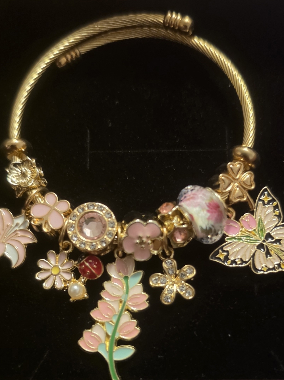 Goldtone Pink Floral Charm Bracelet - Women's Fashion Jewelry